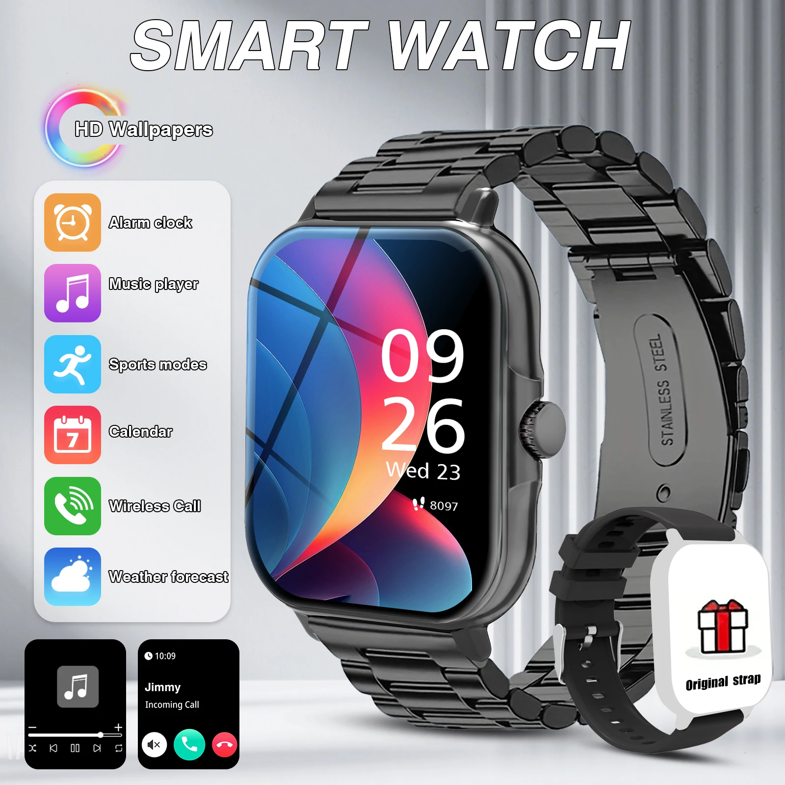 ساعة ذكية للرجال 2025 مزودة بخلفيات عالية الدقة وأشرطة مزدوجة (ستانلس ستيل + سيليكون)، أوضاع رياضية لمشغل موسيقى الاتصال اللاسلكي #1