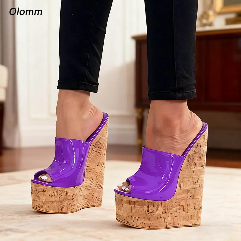 

Olomm Фиолетовые босоножки на танкетке из лакированной кожи ручной работы — женские туфли без каблуков на платформе, размер США, большие размеры 5–15