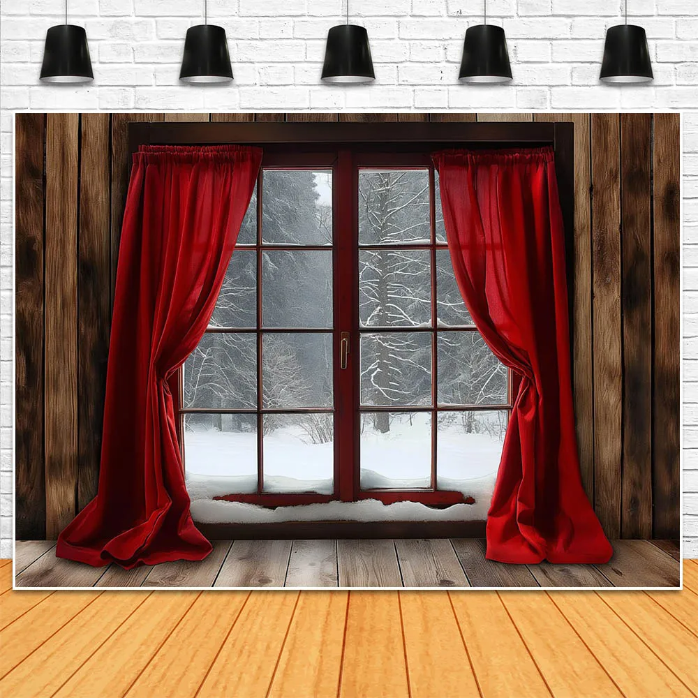 Mocsicka Christmas Backdrop Photography Window Snow Scene Red Curtain Wooden Wall and Floor Xmas Children Photo Background Props