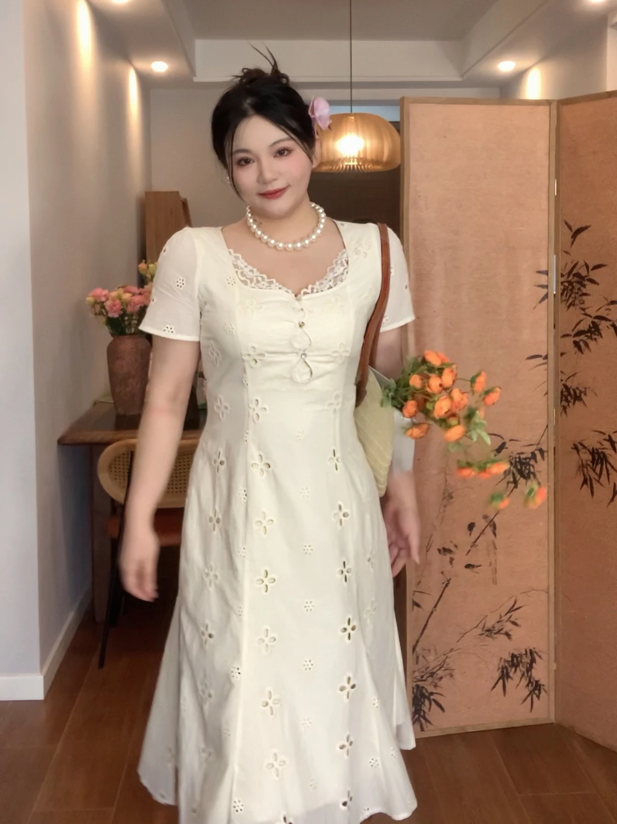 

Dahou Studio White Tea Joy plus Size Midi Qipao Dr Vintage Sle Long Sve High Slit Daily Wear Floral Print Chinese Sle