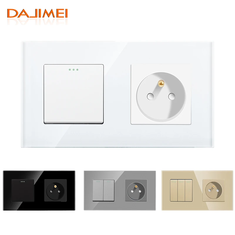 DAJIMEI French Poland Standard Electrical sockets and switches 1/2/3gang Button light switches with Crystal Glass Panel for Home