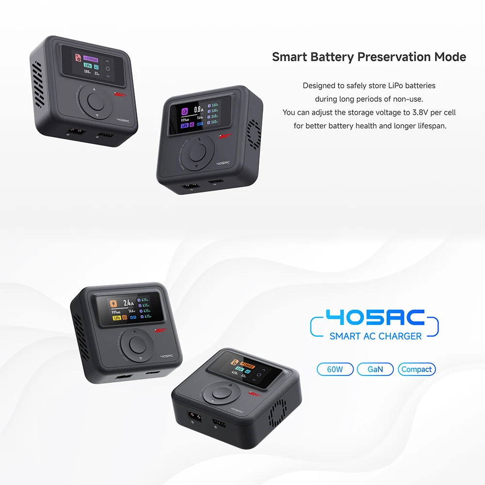 ISDT 405AC 60W Smart Charger GaN แบตเตอรี่ Charger AC 100 ~ 240V lPS หน้าจอ APP ควบคุมสําหรับชีวิต LiHv LiPo 1 ~ 4SPb 1 ~ 7S/NiMH/Cd 1 ~ 12S