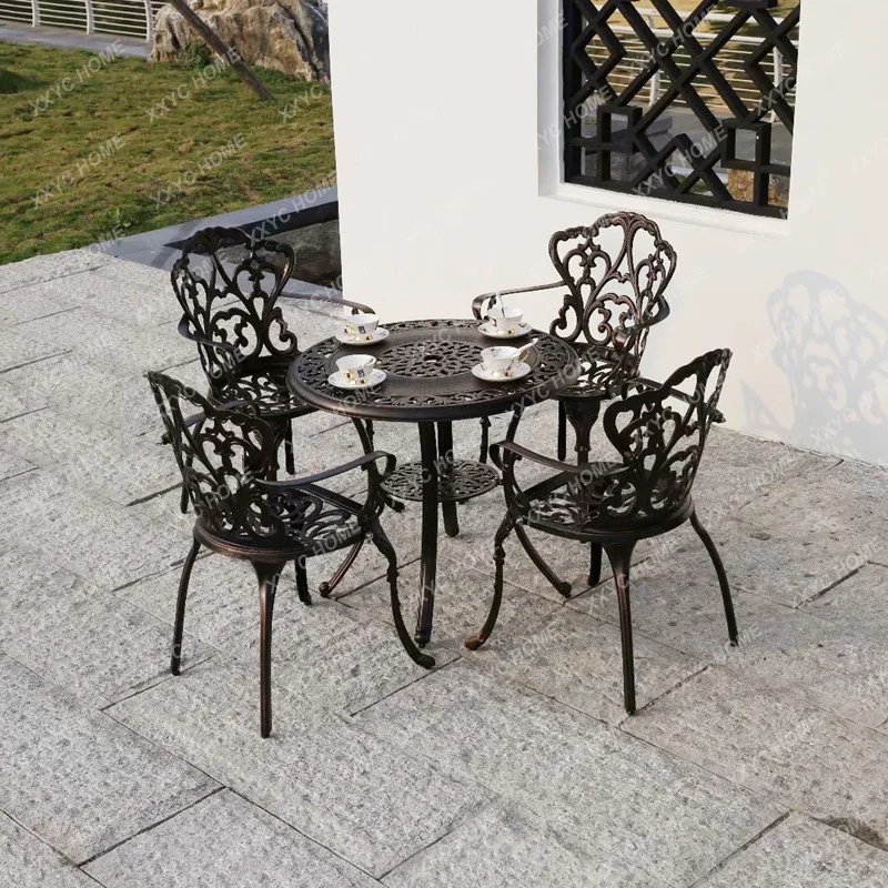 Outdoor Cast Aluminum Tables And Chairs Courtyard Garden Hotel Urniture Terrace Combination leisure Metal Round Patio Table