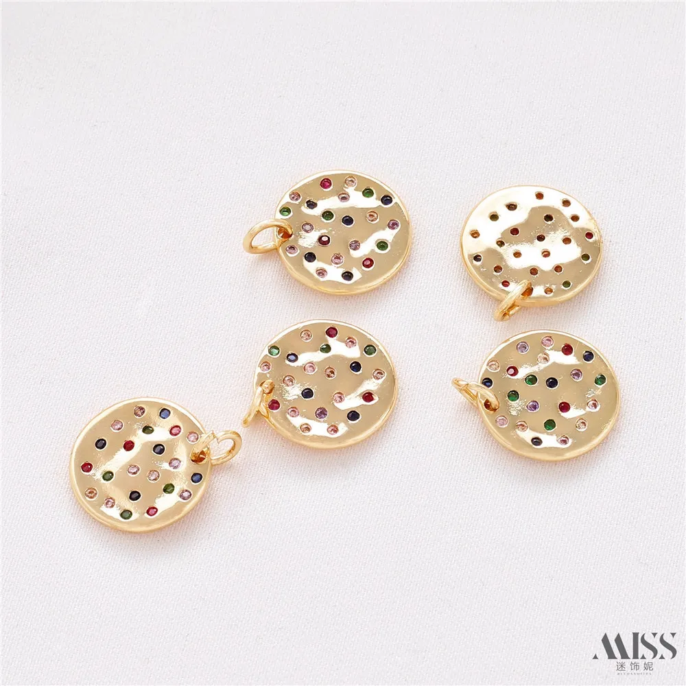 14K กระเป๋าทองฝังเพชรสีไม่สม่ําเสมอรอบแท็กจี้ DIY เครื่องประดับสร้อยข้อมือสร้อยคอจี้อุปกรณ์เสริม