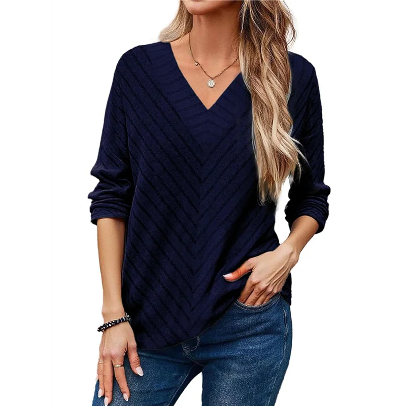 FX-Herbst Damen-Langarmshirt, V-Ausschnitt, Strickpullover, Tunika, Top, Damen-Shirt, formell, lässig