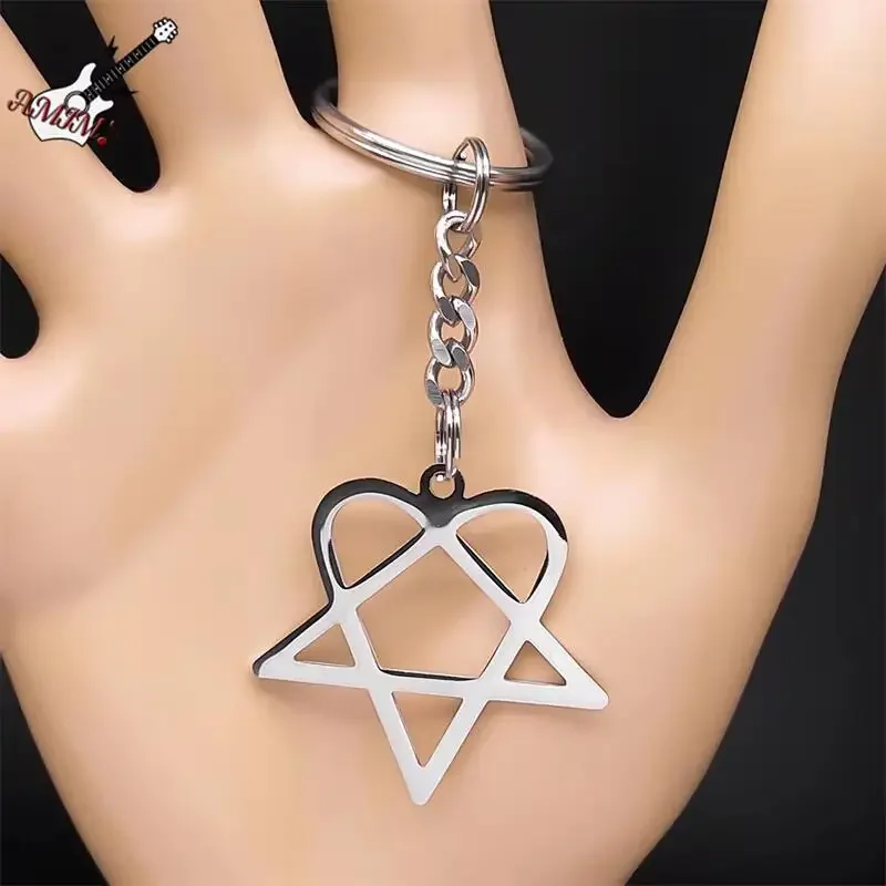 Rock Music Him Heartagram Star Heart Key Ring Stainless Steel Silver Color Men Women Bag Charm Keychain Party Gift Jewelry