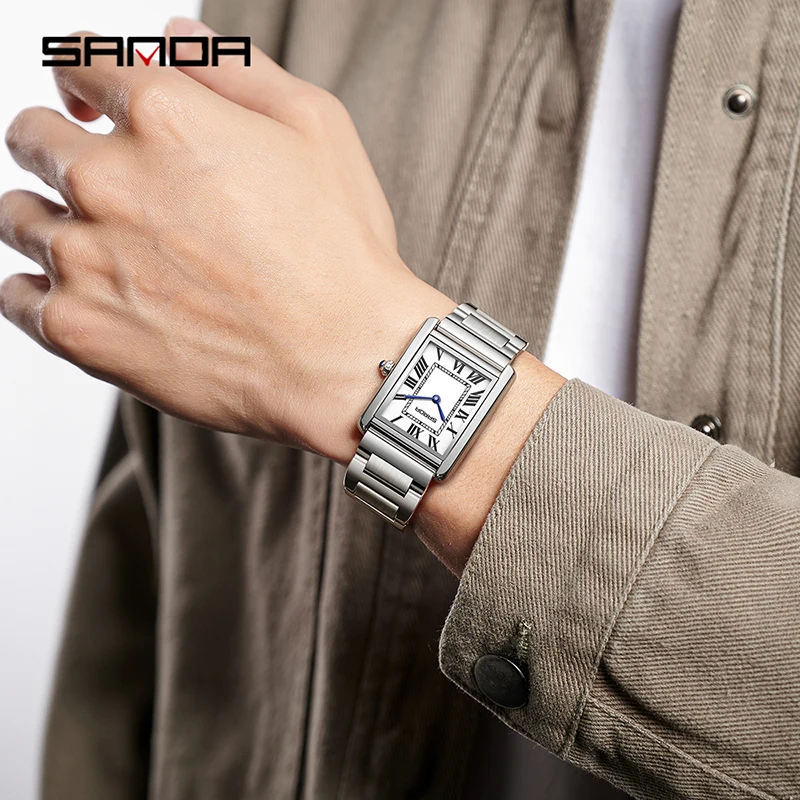 SANDA-reloj de cuarzo para hombre y mujer, cronógrafo cuadrado de acero inoxidable, resistente al agua, con números romanos, 1108, 9031