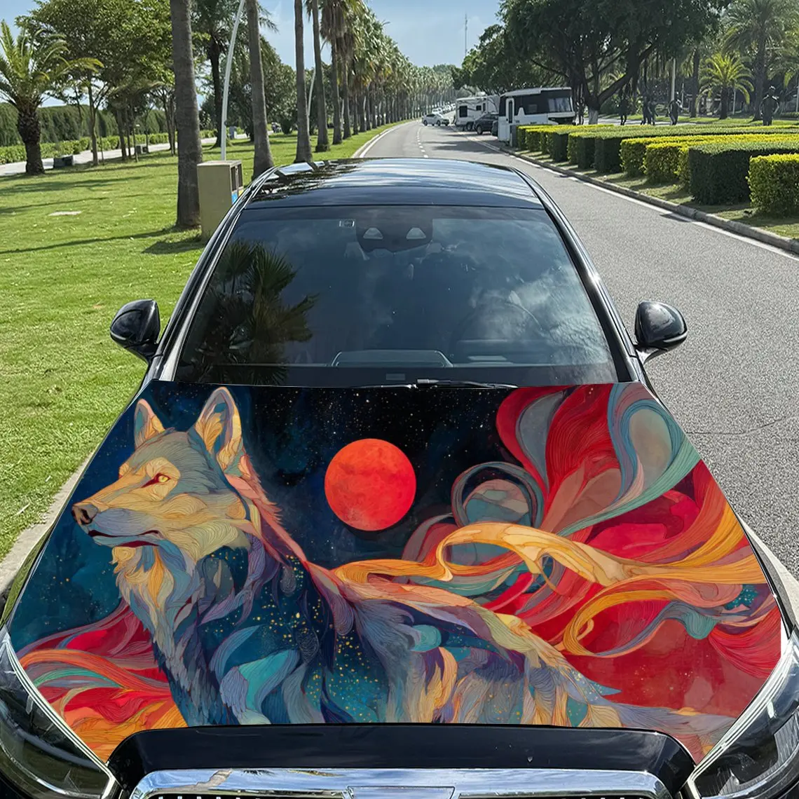 

Eye - Catching Red Sun Colorful Car Hood Stickers - Self-Adhesive, Waterproof and Durable Vinyl Wrap, Decorate And Protect Your