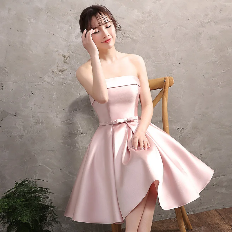 Pink Off Shoulder Bridesmaid Dress Simple Satin Sweet Bow wedding Wedding Female Guest Dresses Fashion A-line Short Party Gown