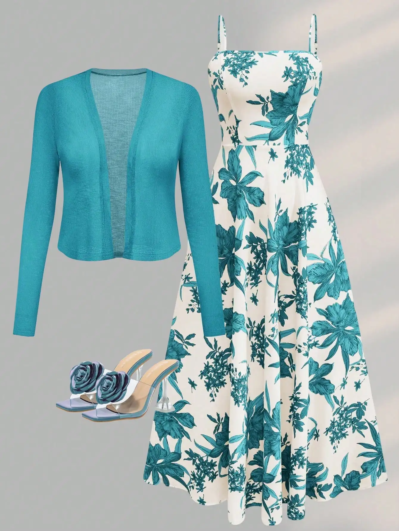 

Women's Sleeveless Floral Print Flare Dress With Knit Cardigan Boho Vacation Outfit Spring