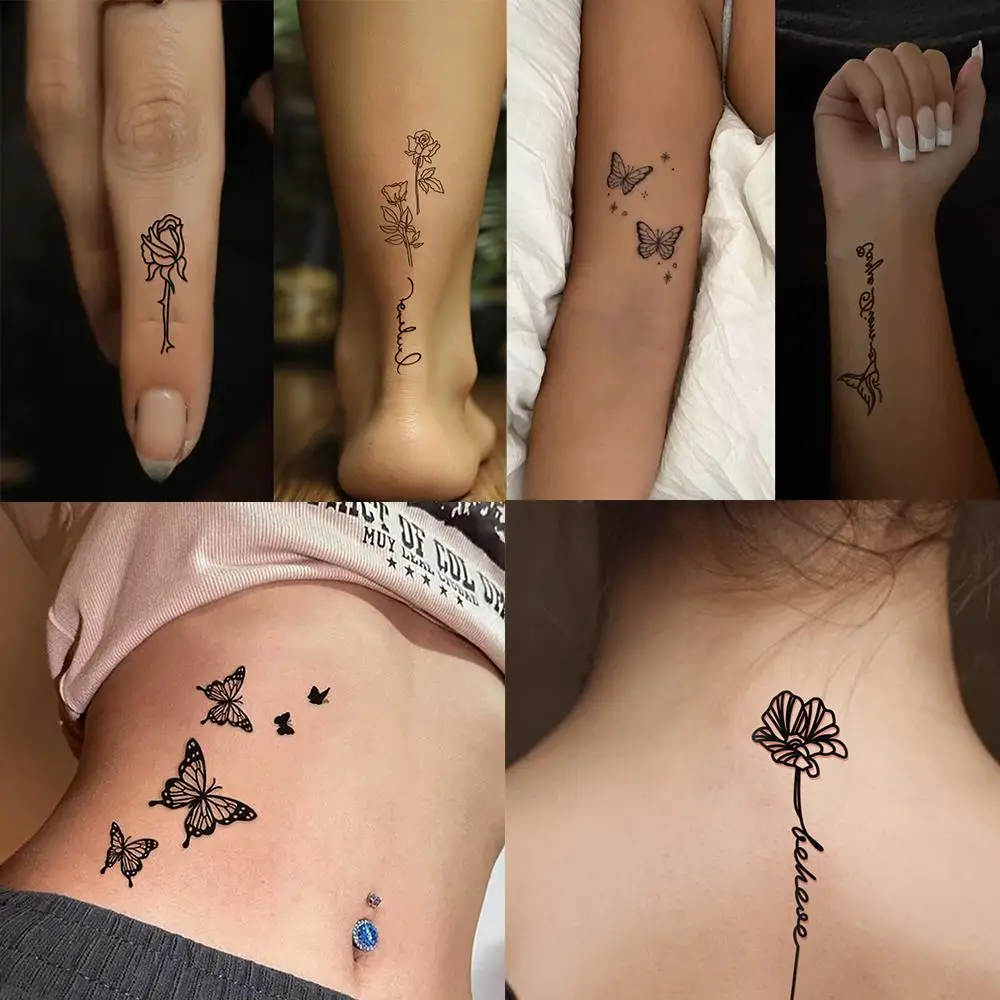 30/35 pièces autocollants de tatouage papillon/fleur noir lettre, ligne géométrique, tatouage temporaire Floral pour femmes hommes corps bras pied décalcomanies