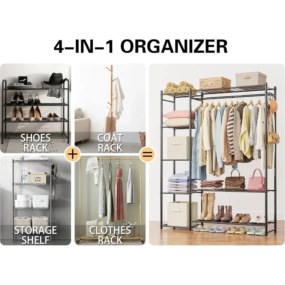 Portable Clothes Rack with 4 Shelves & Hanging Rod, Steel Wardrobe Organizer for Bedroom, Closet, Entryway, Black view 6