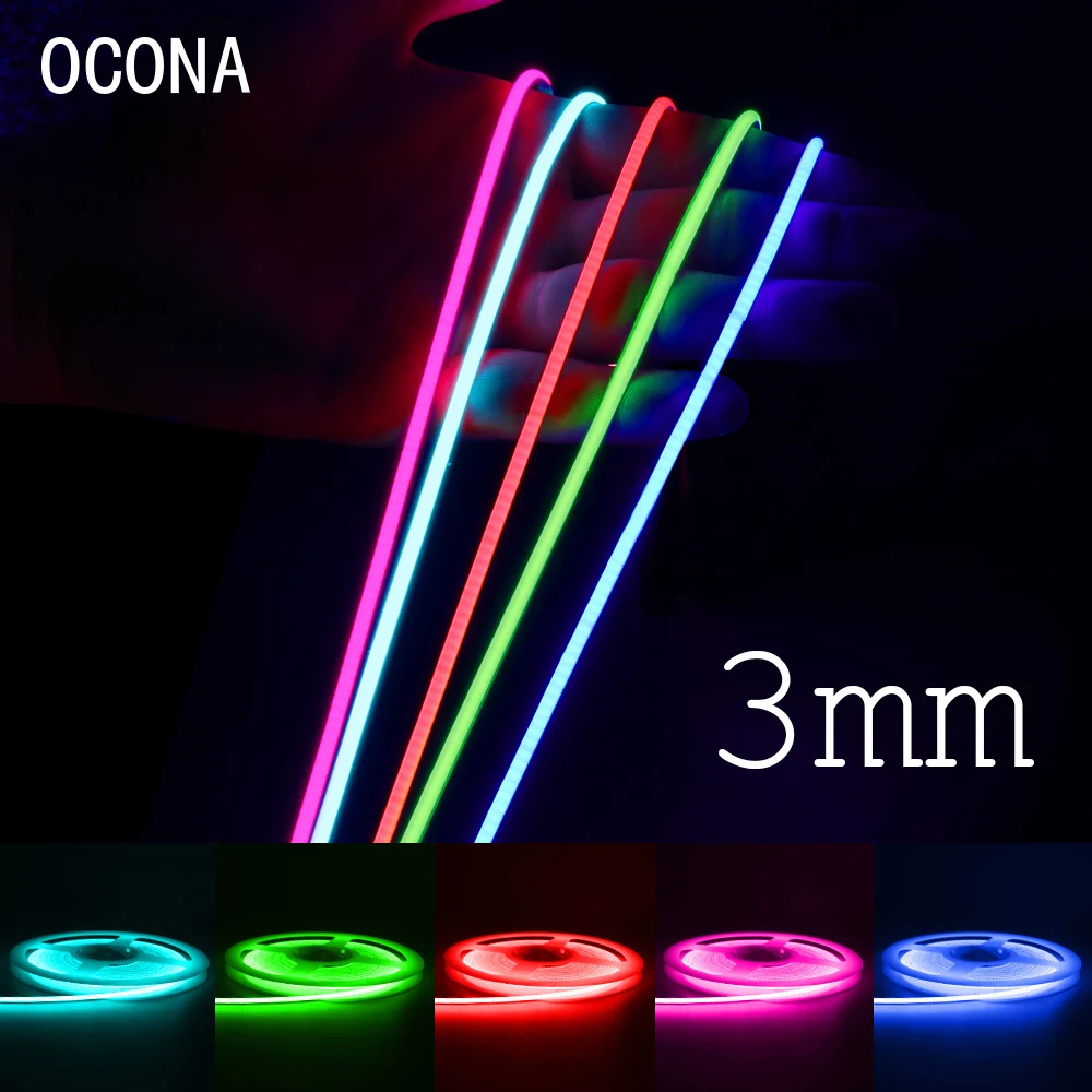 3Mm Ultra Dunne Dc 12V Kleurrijke Cob Led Strip Verlichting Voor Home Decor Diy Blauw/Roze/Rood/Paars Hoge Dichtheid Led Tape Color Auto