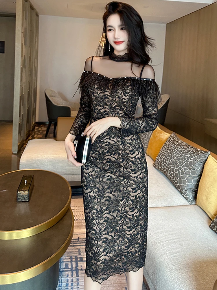 

Fashion Autumn Winter Lace Black Evening Dress Women Ladies Elegant Chic Sequin Sexy Sheer Slim Midi Party Mujer Robe Vestidos