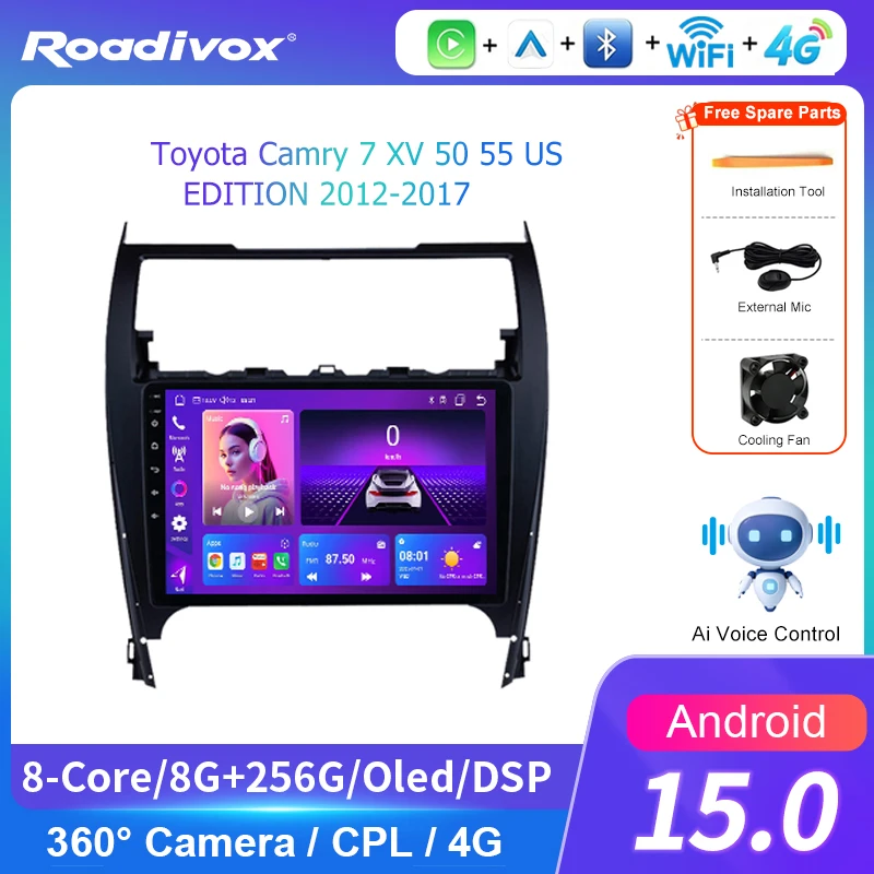 AI VOICE roadivox Android car radio for Toyota Camry XV 50 55 US EDITION 2012 2017 GPS Navigation video Multimedia Player tape