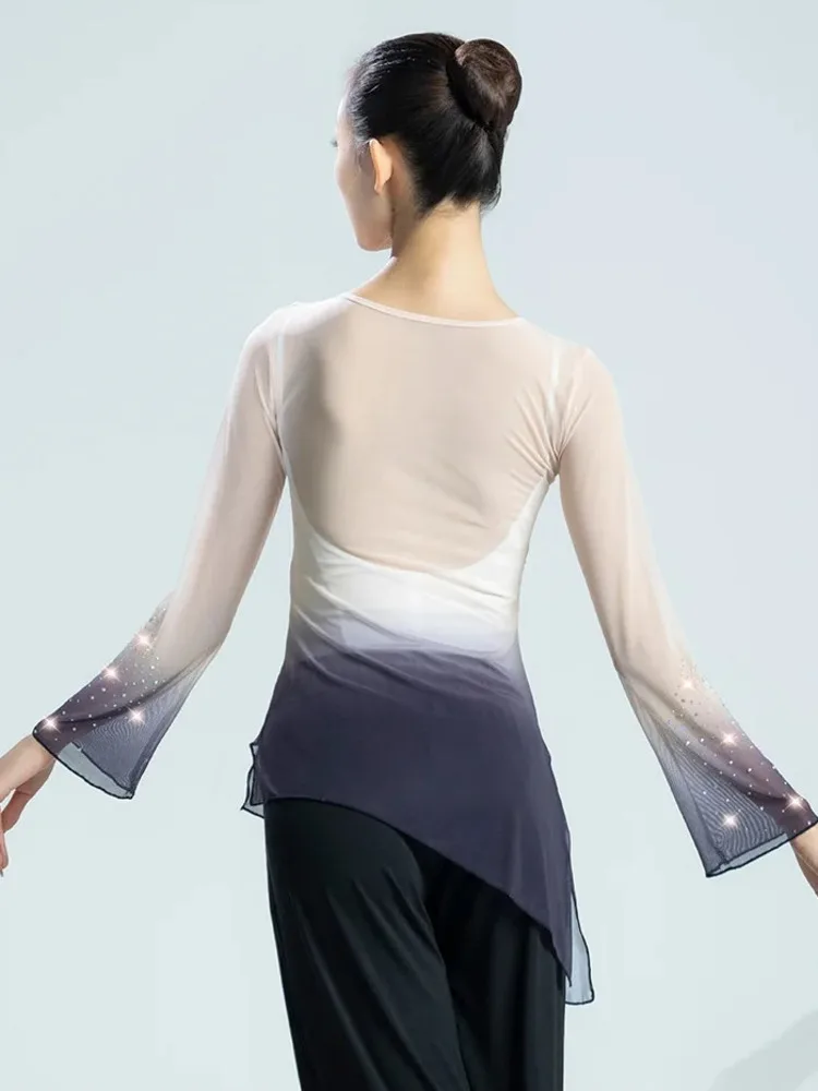 긴 소매 현대 댄스 탑 착용 할로윈 의상 라틴 여성 메쉬 라인 라인스톤 발레 볼룸 셔츠 재즈 그라데이션 성인