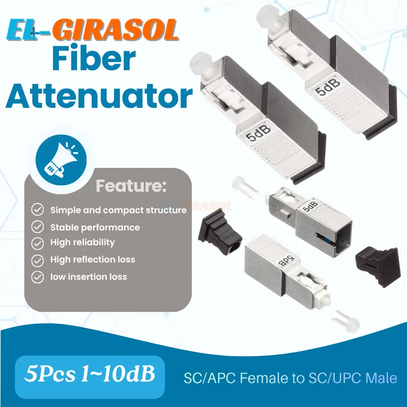 5Pcs 1~10dB Fixed Fiber Optic Attenuator SC/APC Female to SC/UPC Male Flange Coupler Connector Low Insertion Loss
