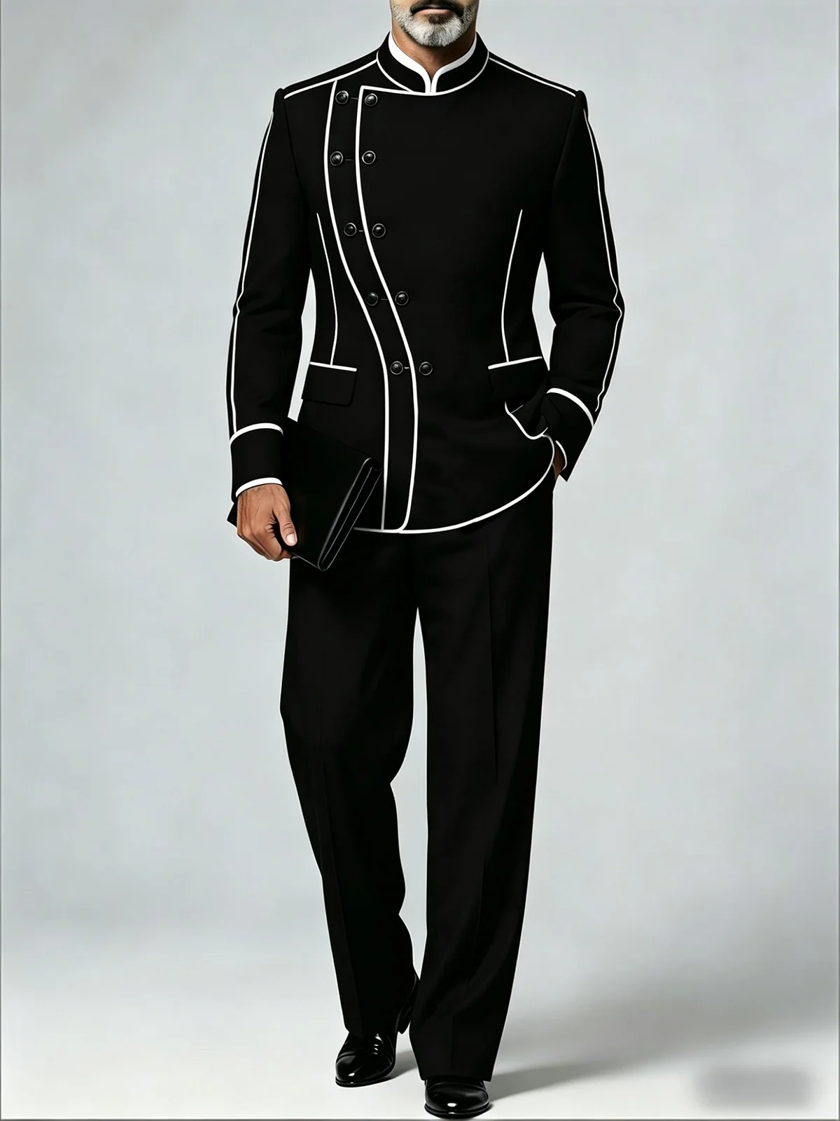 Men Mandarin Collar Suit Set White Piping Trim Asymmetric Double Breasted Vintage Formal Wedding Guest Party Tuxedo Suit Set