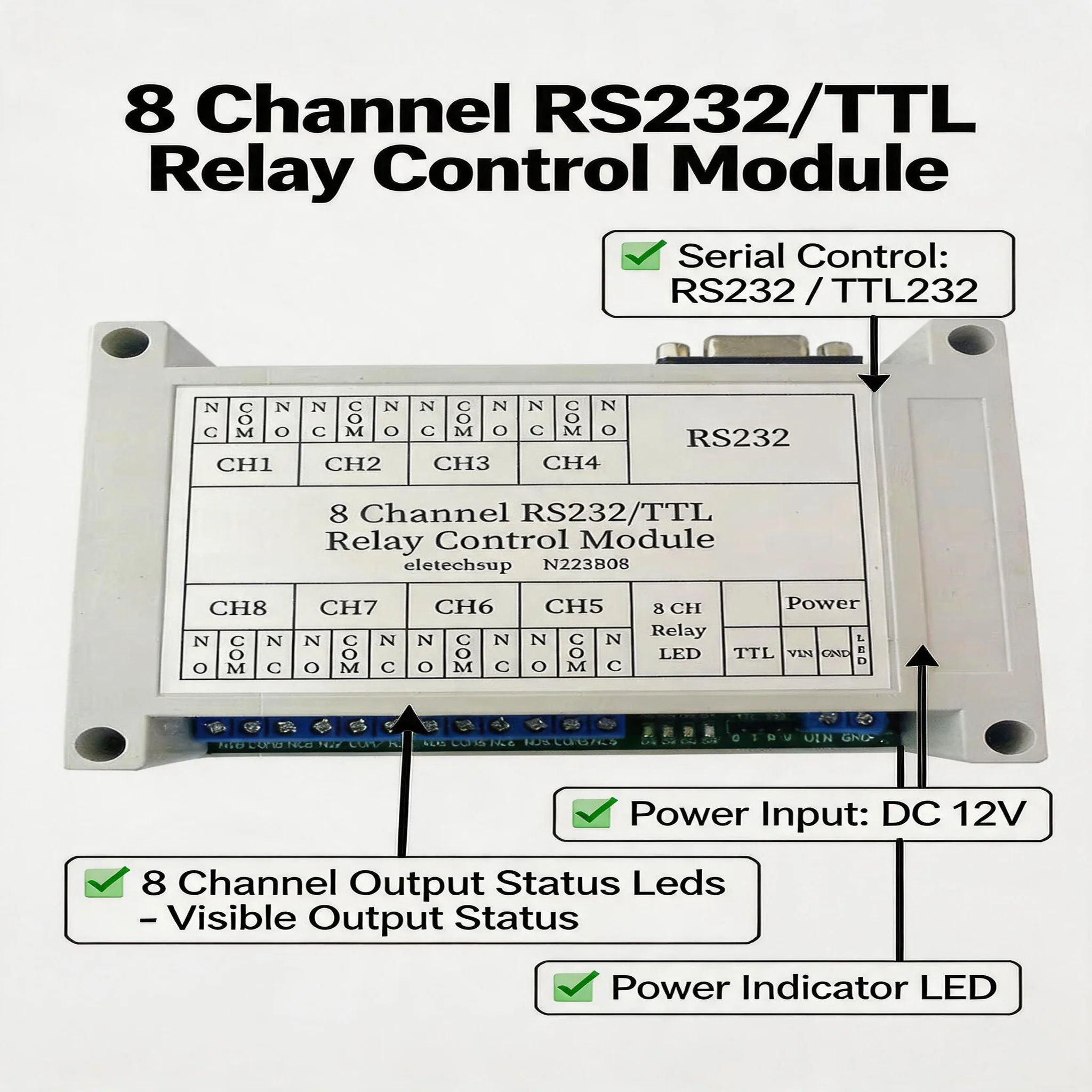 2 IN 1 RS232 TTL232 Serial Relay Module DC12V 8CH DB9 Serial Port Switch Board for Industrial PLC Automation Control System