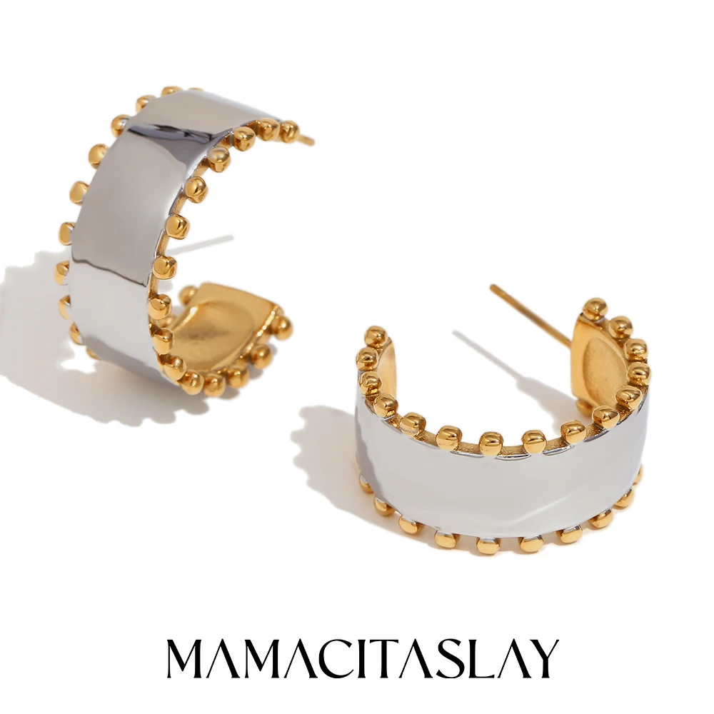 MamacitaSlay Modern Two-Sided Color Gold Plated Silver Color 12mm Wide Hoops Stainless steel earrings woman Waterproof Jewelry