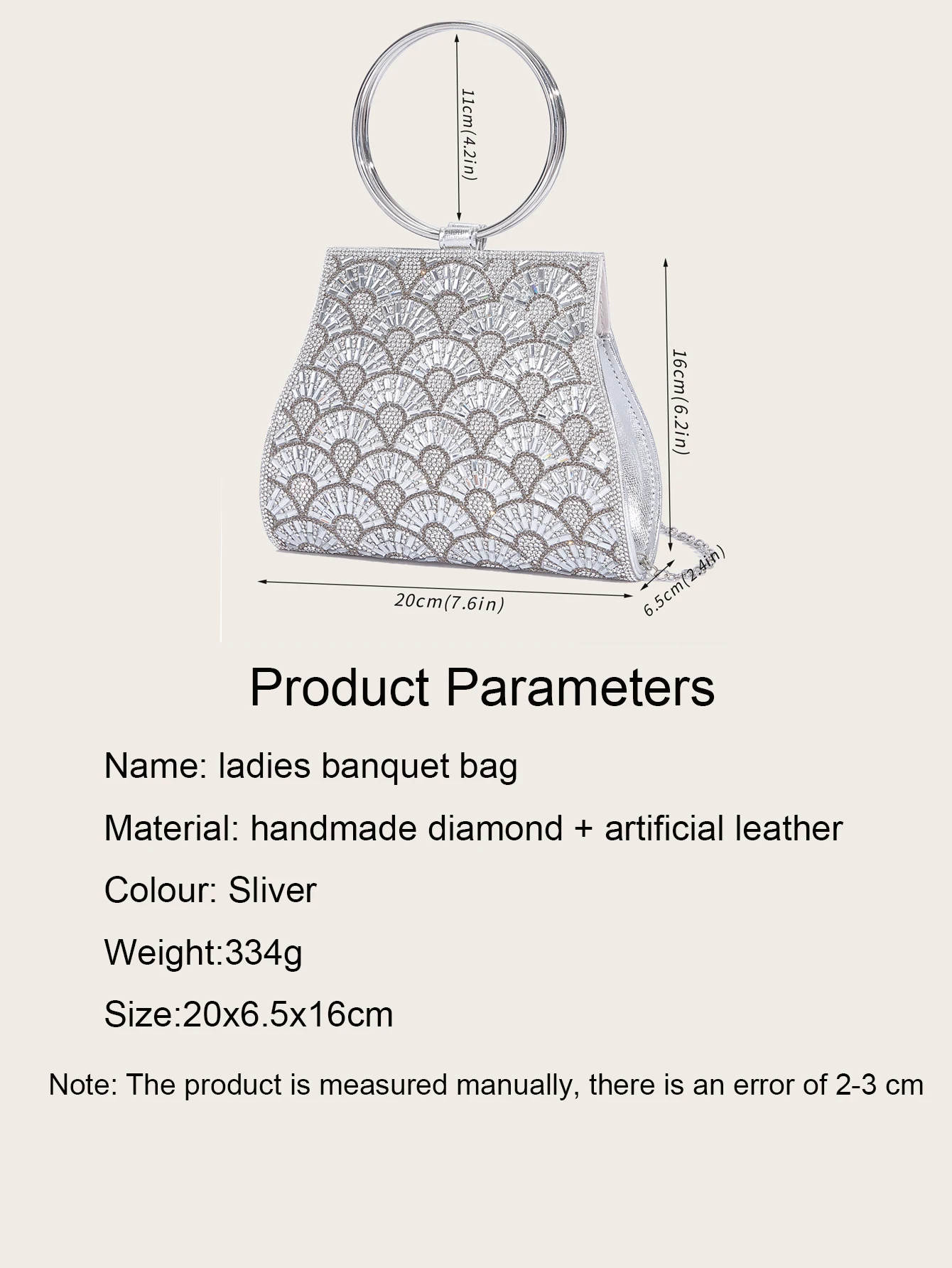 Banquet Bag Wedding Fashion Handbag Silver Artificial Leather Handmade Diamond Chain Bag for Women