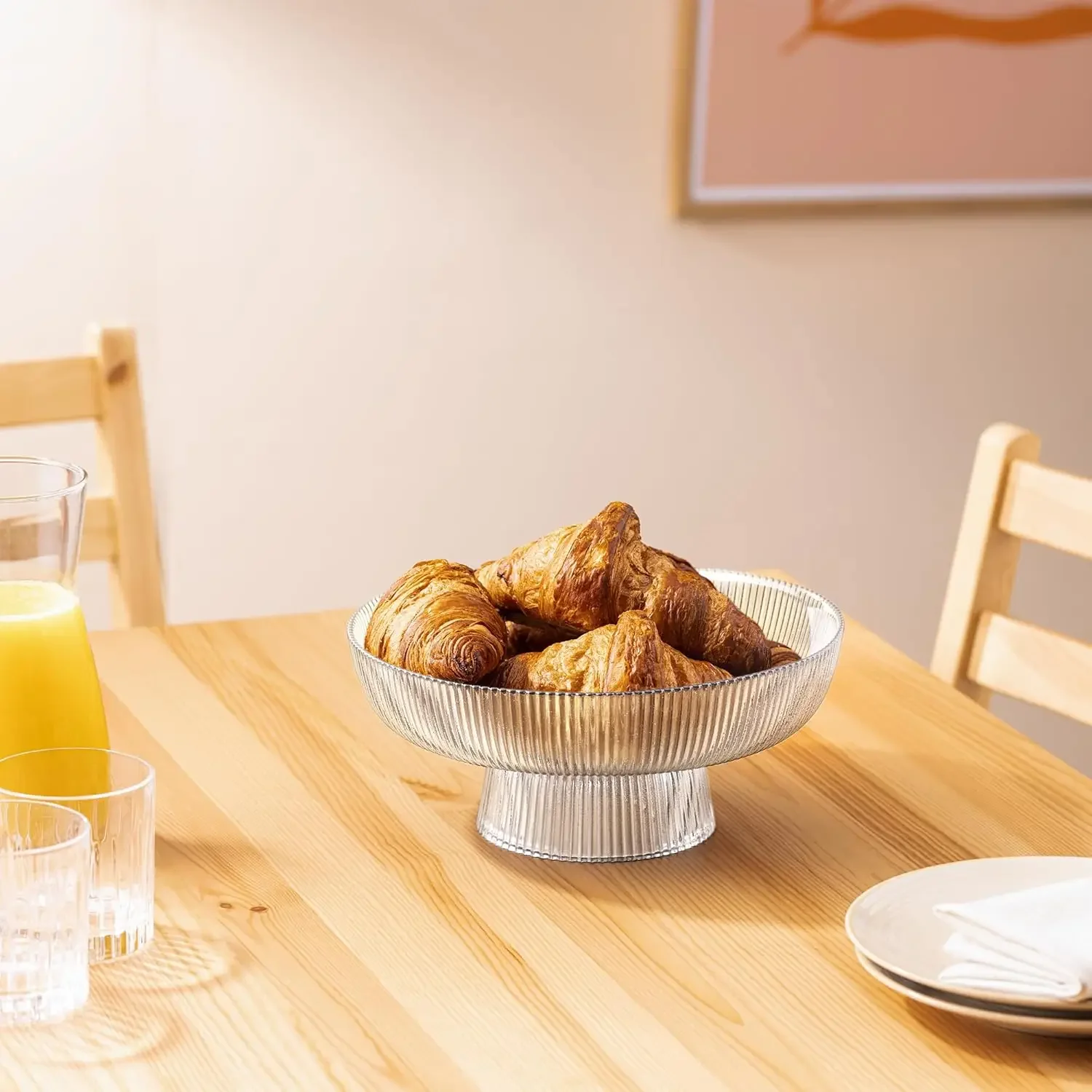 Glass Fruit Bowl - Decorative Fluted Transparent Glass Bowl for Fruit Snacks Sweets - 26cm Diameter Table Centerpiece Dish