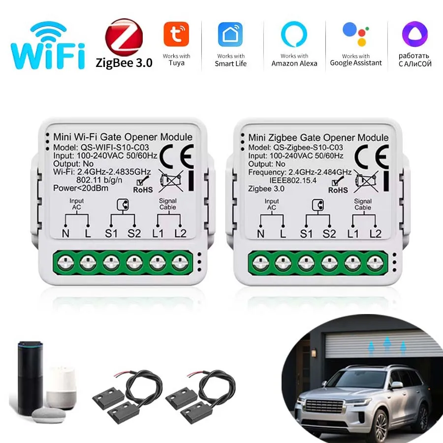 AC100-240V Tuya Zigbee/WiFi Smart Garage Door Opener Controller Module Smart Life APP Voice Control Alexa Google Assistant