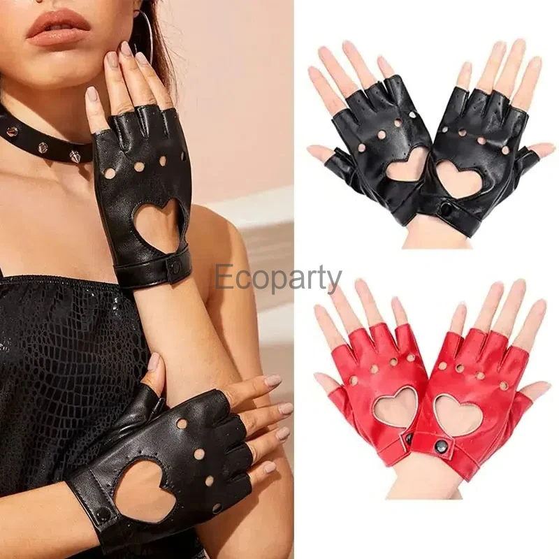 

New Women Five Finger Pu Leather Gloves Ladies Fashion Driving Show Pole Dance Mittens Gothic Heart Shaped Hollow Out Gloves