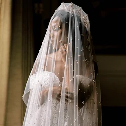 V186 2 Tiers Bridal Veils with Blusher Long Wedding Veil Cover Face Soft Tulle Adorned with Pearls Wedding Accesories