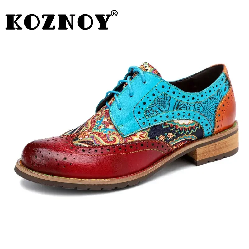 

Koznoy 3cm Natural Sheepskin Leather Ethnic Summer Women Big Size Ladies Fashion Females Novelty Mixed Color Chunky Heels Shoes