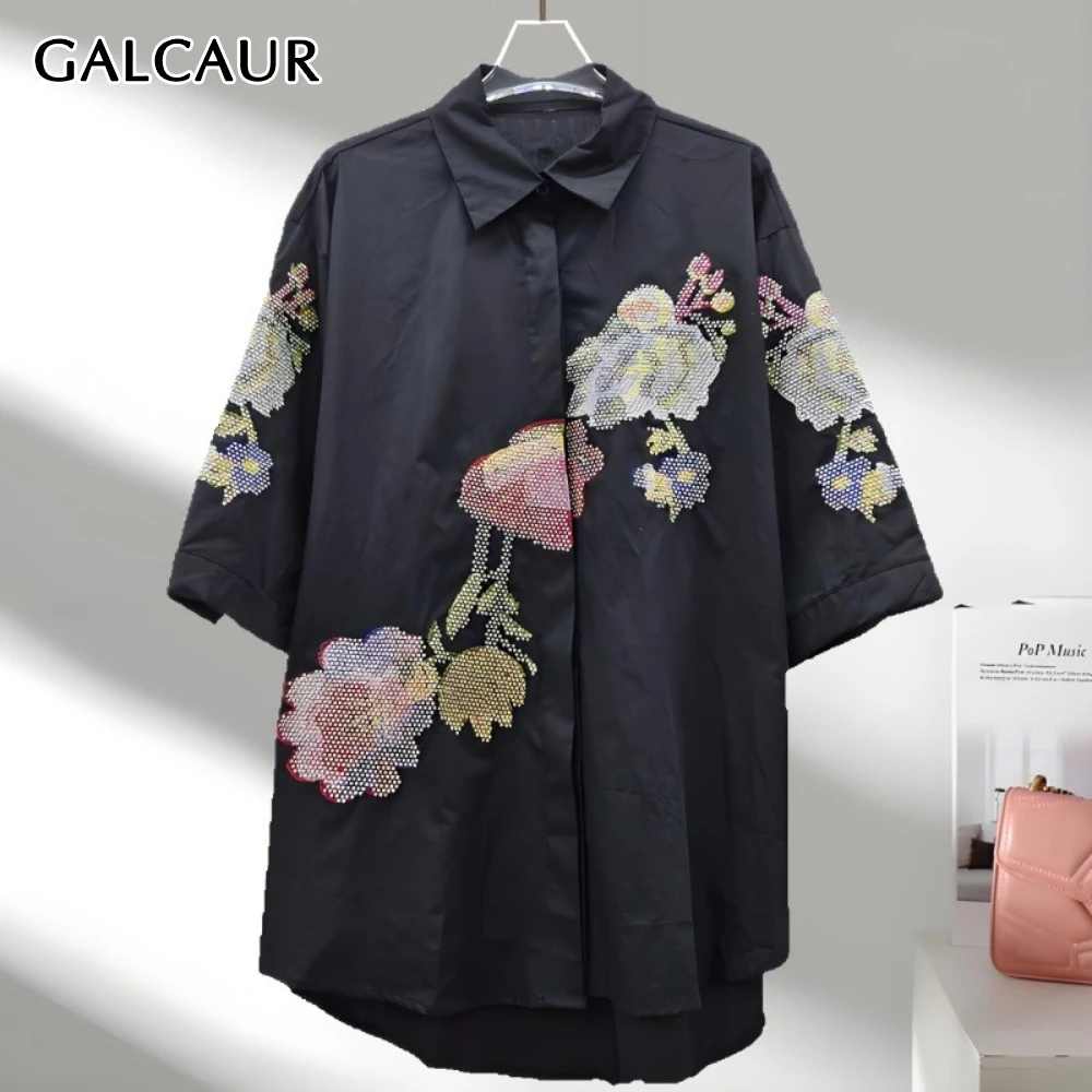 

GALCAUR White Spliced Diamond Women's Shirt Laple Short Sleeve Loose Casual Elegant Patchwork Single Breasted Shirts Female New