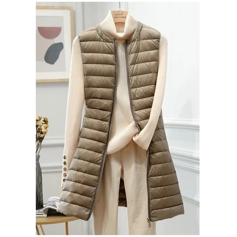 2022 Autumn Winter Ultra Light White Duck Down Vest Jacket Women O Neck Long Waistcoat Coat Female Sleeveless Outwear Parkas