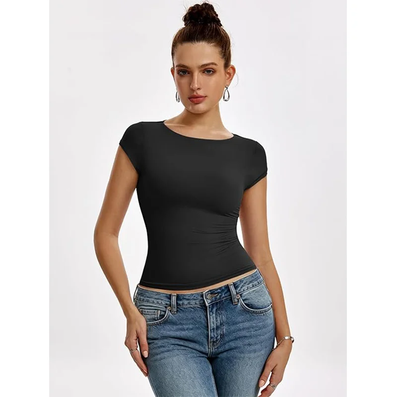 

Double Line Cap Sleeve Tops Crew Neck Slim Fitted Tee Shirt for women 2026 Casual Daily Wear Tops