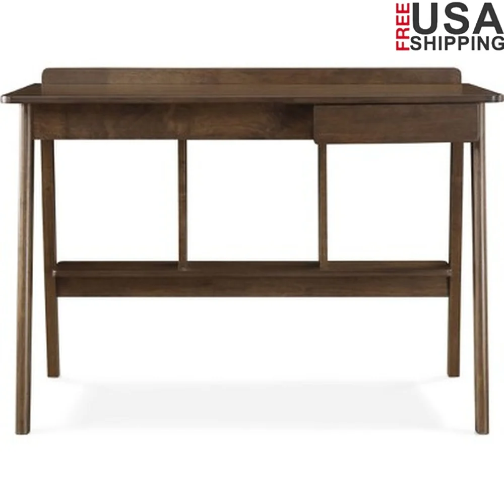 Compact Writing Desk Mid Century Modern Style Rubberwood Frame MDF Surface Storage Drawer Slim Profile Small Spaces