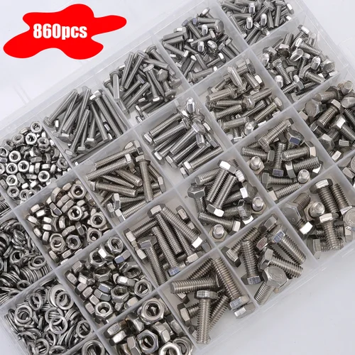 Imagen 1 del producto Kit surtido de pernos de cabeza hexagonal de acero inoxidable de 860 piezas con tuercas + arandelas + muelles - M3-M6 DIN933 grado 8,8/10,9, grado marino A2/A4