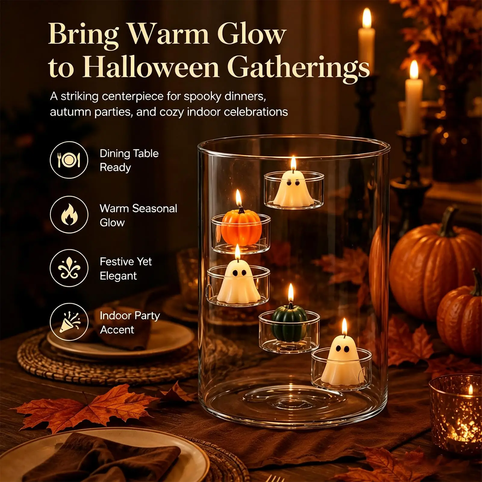 Glas-Kerzenhalter Klares Glas Dekorativer Rustikaler Halloween-Dekor Saisonale Party-Teelichthalter für Zuhause Wohnzimmer