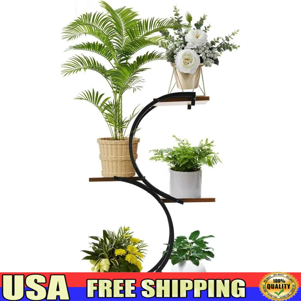 

4 Tier Metal Plant Stand Indoor Space-Saving Planter Shelves Flower Pot Display Rack Wrought Iron Wood Plant Holder