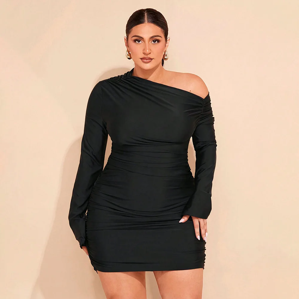 

Plus Size Women's Clothing Celebrity Style Dress Oblique Collar Design Temperament Short Streetwear Birthday Dress for Women