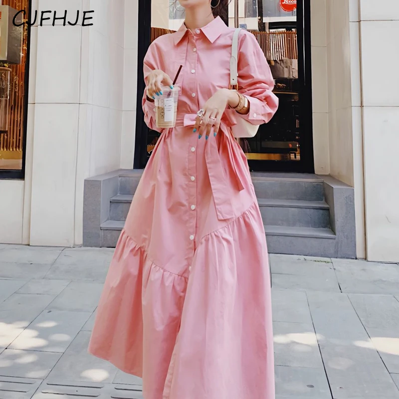 

CJFHJE Women Vintage Lace Up Pink Sweet Chic Single Breasted Shirt Long Dresses Trendy Long Sleeve Streetwear Dress Elegant Robe