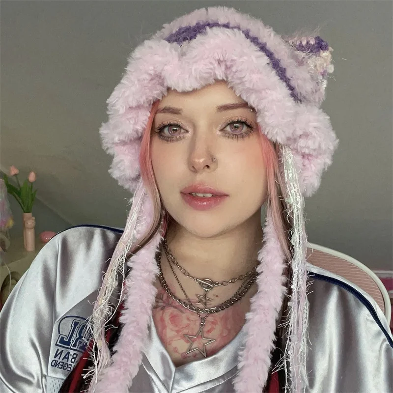 

Fur thread cat ear cap dopamine color contrast Color-blocked plush pure handmade kitting Halloween ear-protecting fashionable pu