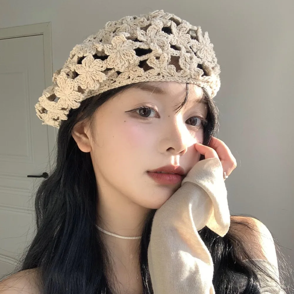 

Breathable Hollowed Out Beret Hat Linen Japanese Style Lace Hollow Flower Hat Cotton Thin Spring Crochet Knitted Cap Spring