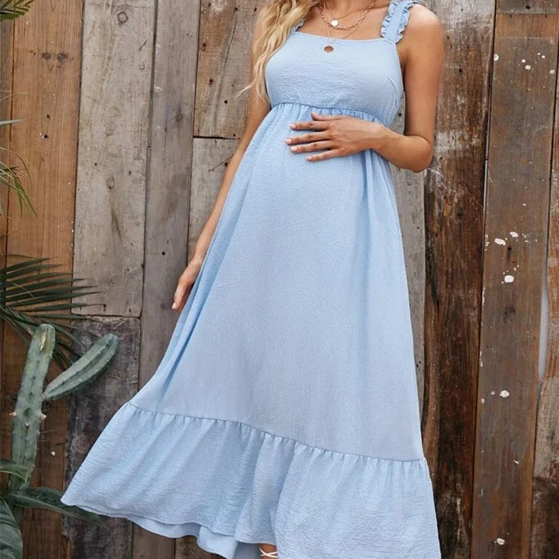 Summer Women's Comfortable Maxi Swing Strap Dress With Butterfly Bow Tie Ruffles Seamless Breathable Pregnant Women Skirt