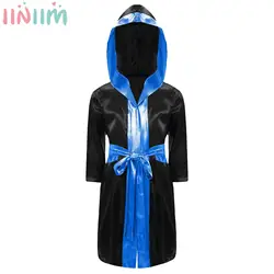 Boys Boxing Clothes Long Sleeve Metallic Satin Cardigan Hooded Cloak Robe with Belt Halloween Carnival Boxer Cosplay Costume