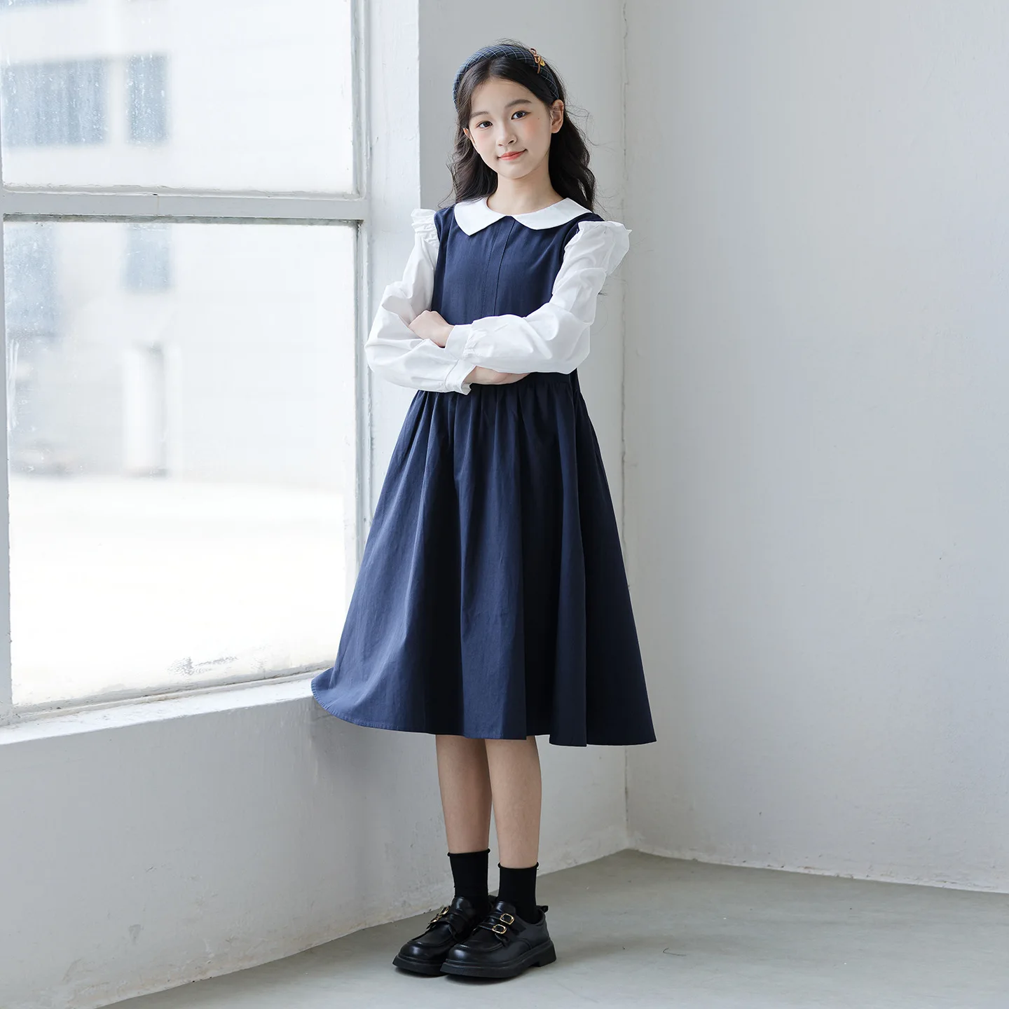 2026 New summer Teens Girls Cloth Jk Uniform long sleeve sailor Shirt Pleated splicing princess dress Children 4 10 12 year