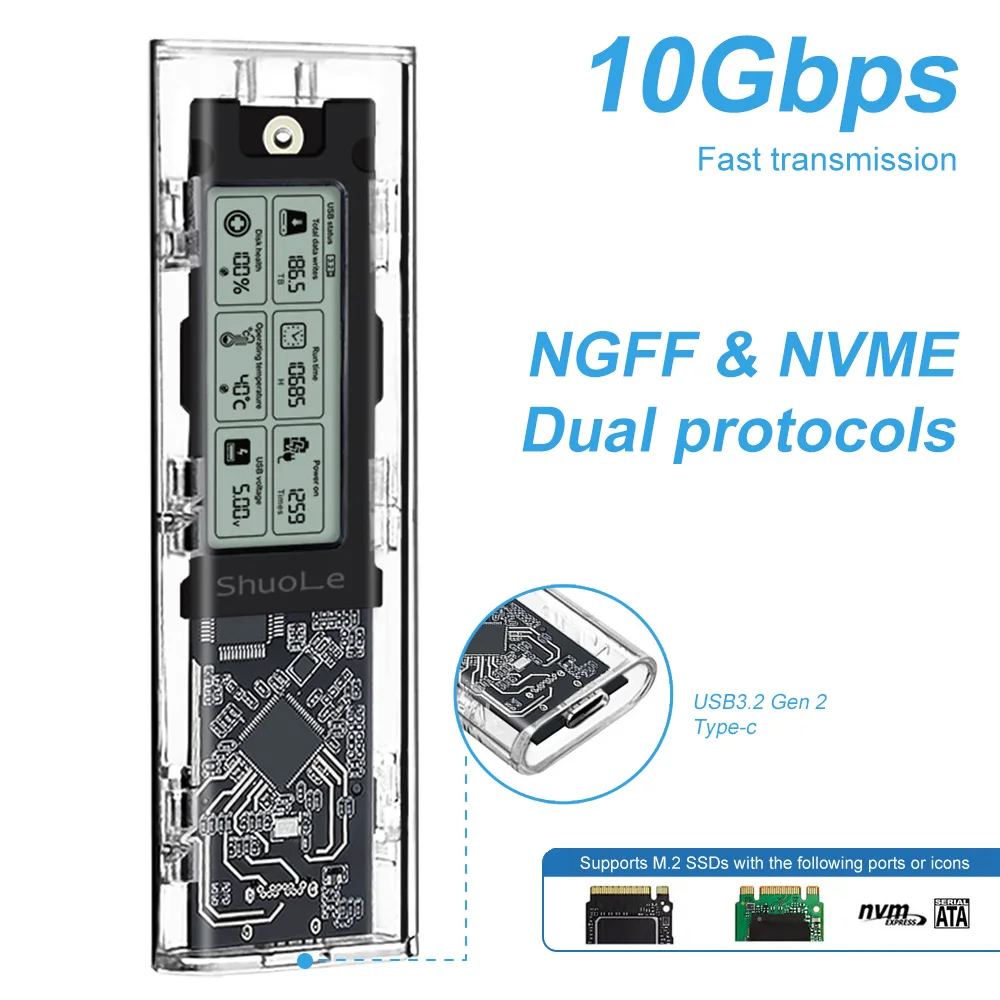 

NVMe/NGFF Dual-Protocol Smart Digital Display M.2 SSD Enclosure with USB 3.2 Gen 2 10Gbps and NVMe 20Gbps
