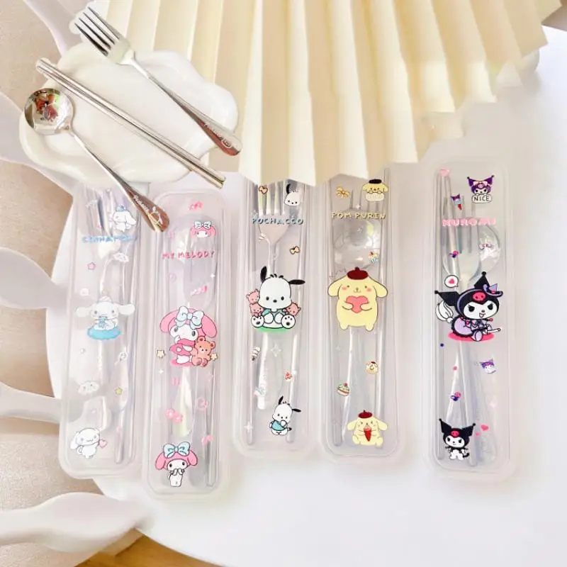 3pcs Sanrio Cinnamoroll Cutlery Anime Figure Kuromi My Melody Pachacco Fork Spoon Chopsticks Cartoon Portable Camping Lunch Box