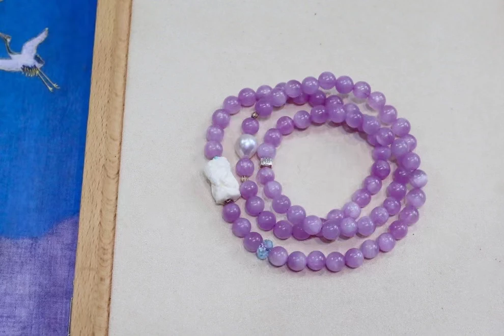 Natural Purple Kunzite 3 Laps Beads Bracelet Pendant 7.2mm Cat Eye  For Women Men Purple Kunzite Bracelet AAAAAA