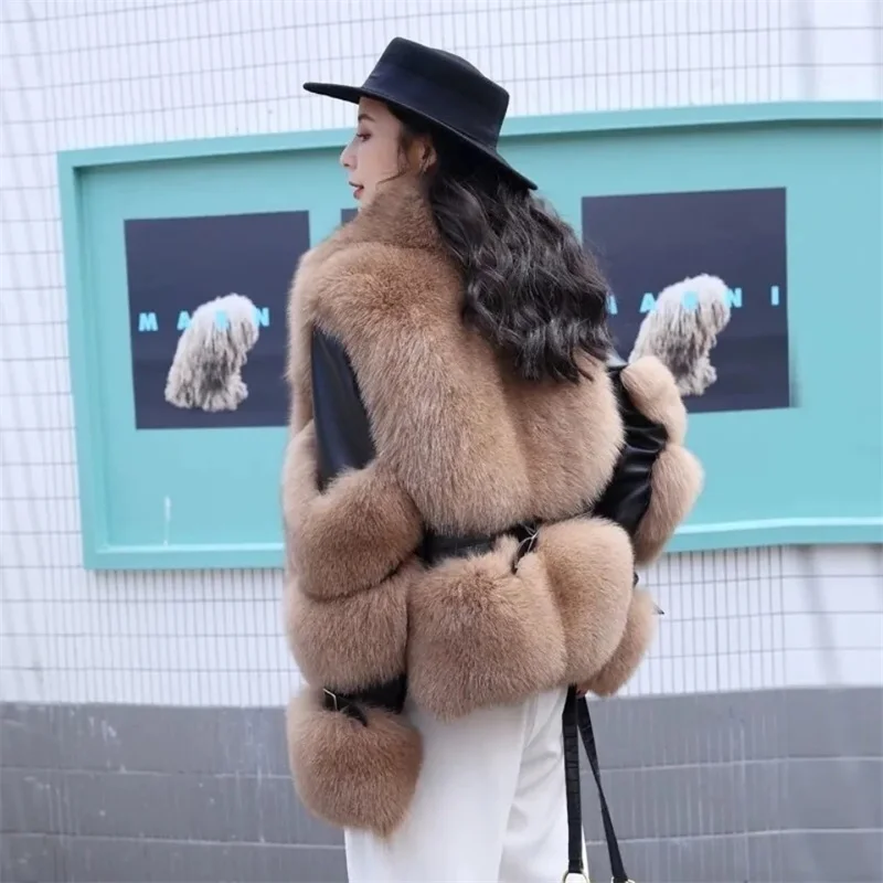 2025 mulheres jaqueta de inverno quente imitação de pele de raposa casaco de imitação de couro cheio de pele de raposa jaqueta de motocicleta de luxo outerwear