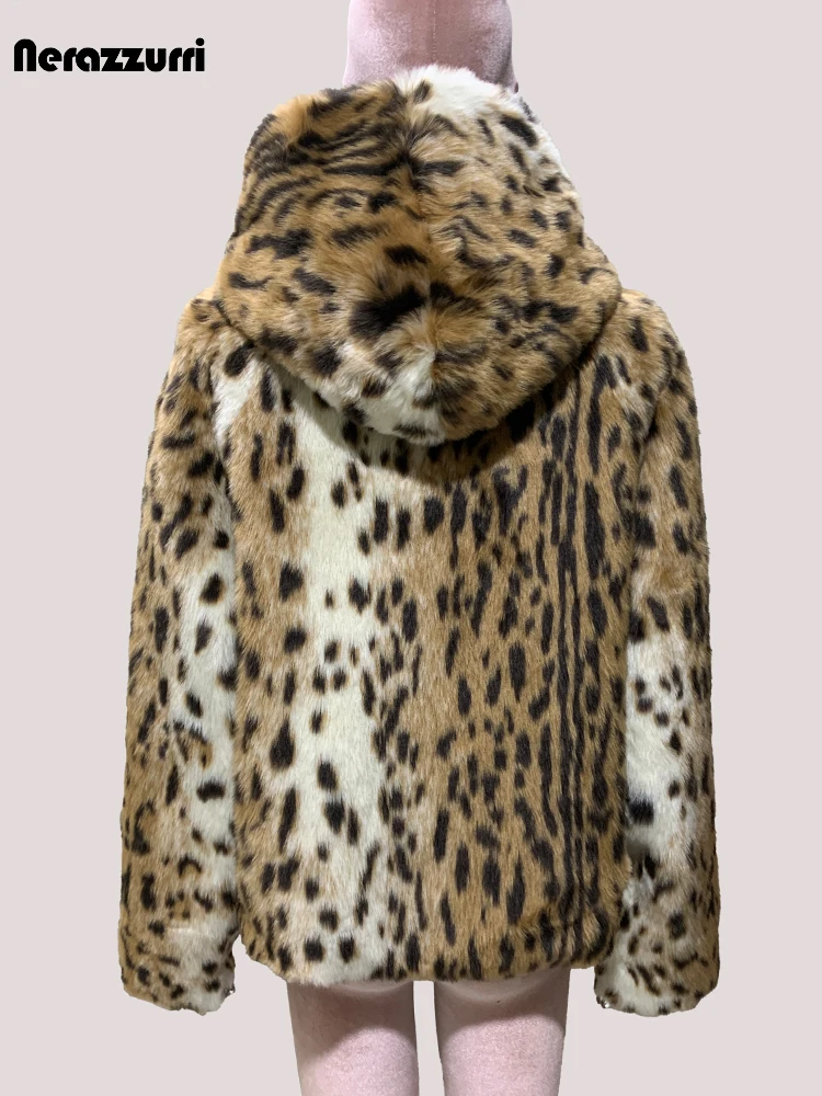 Nerazzurri Winter Short Colorful Leopard Print Thick Warm Hairy Soft Faux Fur Coat Women with Hood Luxury Fluffy Jacket 2025