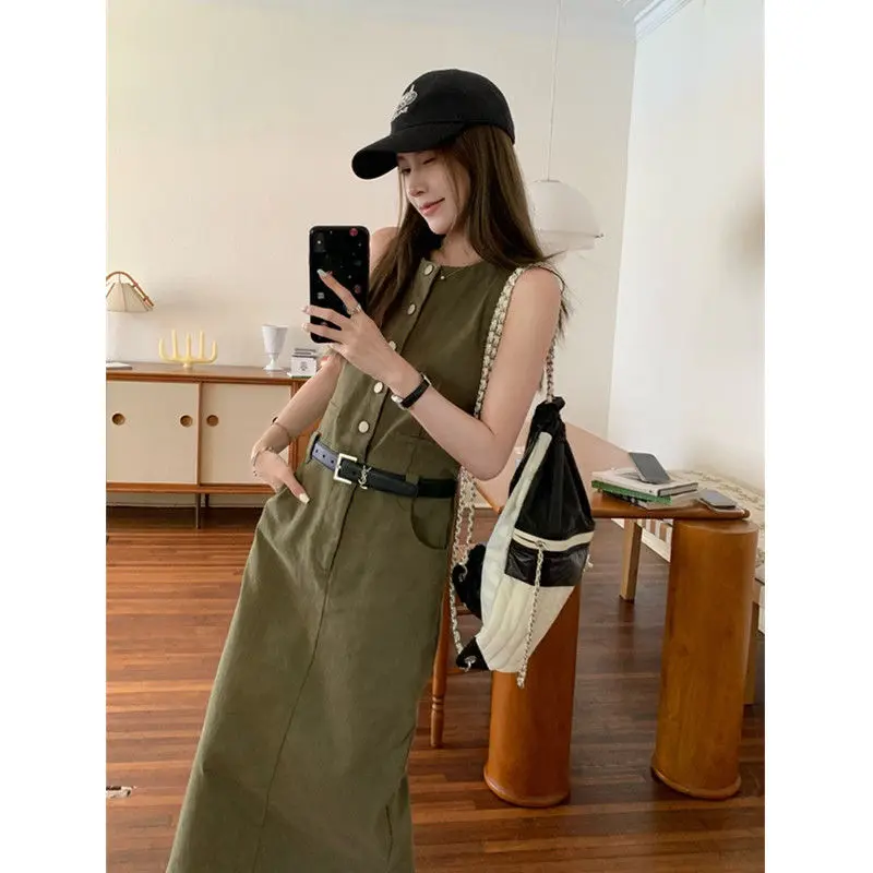 Sans manches 2025 mode gilets hauts Robe longue trajet col en V solide chemises décontractées Femininas femmes élégant boutonné longue Robe Wh1